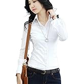 Women's Classic Button Down Shirt Long Sleeve Dress Shirts Collared Work Office Solid Blouse Corset Tops with Pockets