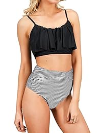 SHELY Traje de baño de dos piezas para dama con cuello halter y volantes, traje de baño de cintura alta, bikini