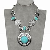 Vintage Tibet Silver Plated Natural Turquoise Circle Long Bib Chain Pendant Necklace
