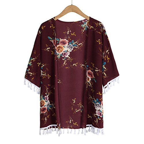 Mose Ladies Cardigan Womens Spring Short Sleeve Print Floral Tassel Tops Blouse Open Front Outerwear (,Wine Red, S)