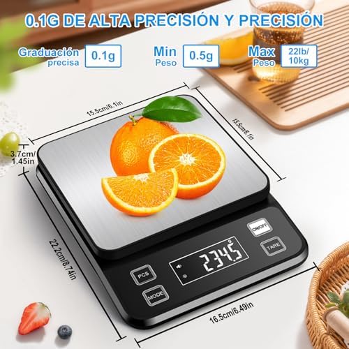 Báscula Cocina Recargable 0.1g/10kg, Impermeable