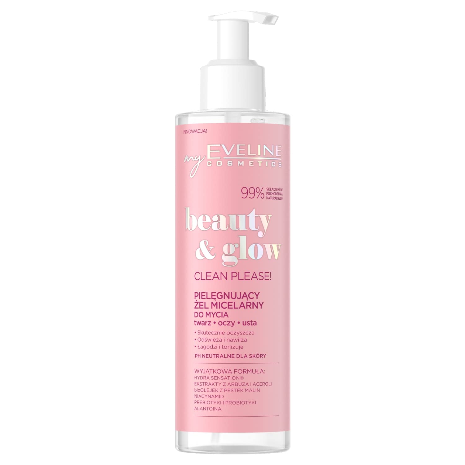 EVELINE Beauty & Glow Clean Please! Conditioning Micellar Gel Face Eyelids Lips Suitable for Vegans Soothing Hydrating Nourishing Smoothing 99% Natural Ingredients 200 ml
