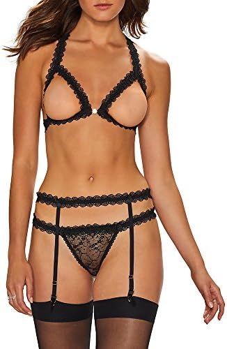 Mimi Holliday Women's Mignonette Naked Triangle Bra, Skinny Thong and Suspender Set, Black Frilly Elastic, One Size