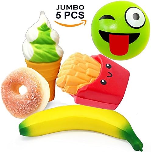 Jumbo Squishies Slow Rising Squishy Toys 5 Pcs Scented-Banana French Fries Ice Cream Donut Emoji Kawaii Charms Fruit Toy for Kids Adult Stress Reliever Party Decorations