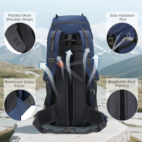 JOVELL 70L Hiking Backpack with Rain Cover, Travel and Camping Package for Outdoor Sports, Climbing, Touring and Hiking, Backpack Luggage for Men and Women, blue, Hiking Backpack