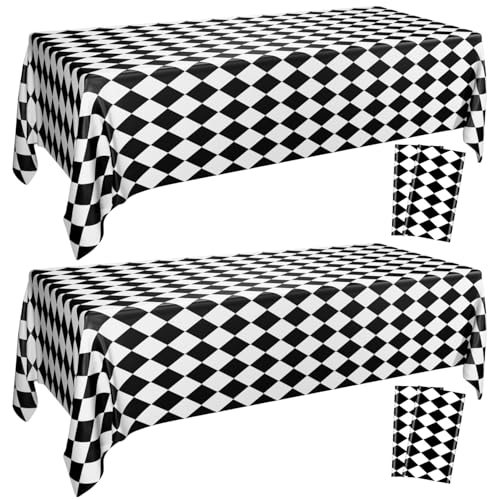 4 Pack Black and White Checkered Tablecloths, Plastic Gingham Table Cover Alice Tablecloths for Racing Theme, Halloween, Wonderland Party, Classic Checker Indoor Outdoor Decorations, 86 x 51 Inch
