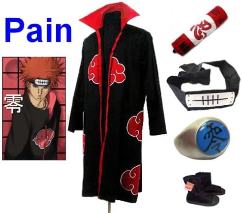 SUNKEE Naruto Itachi Pain cosplay costume set (Akatsuki Cloak + Naruto Pain headband + Naruto pencil case + Pain ring + Naruto shoes), size M (Height 5'5 - 5'7)