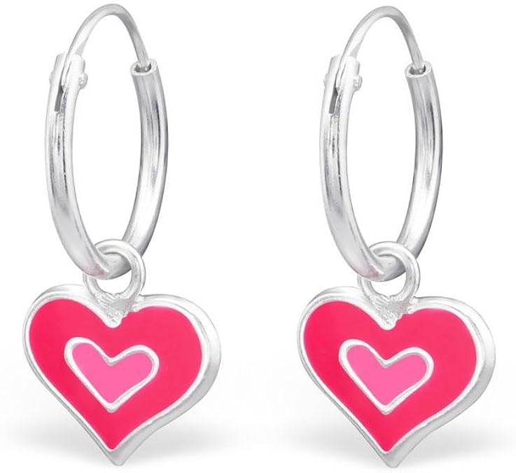 Hypoallergenic Sterling Silver Pink & Red Dangle Heart Hoop Earrings for Little