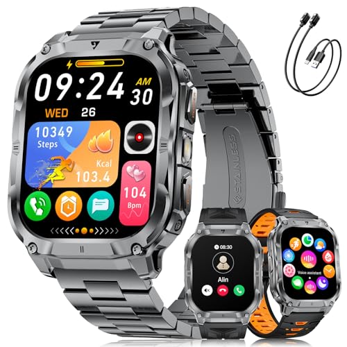 LIGE Military Smartwatch Men's with 1000 mAh Battery/Phone Function, 2.0 Inch HD Touchscreen Fitness Watch with Heart Rate/Sleep Monitor/200+ Sports Modes, IP68 Waterproof Sports Watch for Android iOS, 3 Wristbands