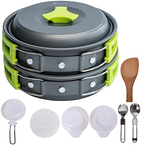 Camping Cookware Mess Kit Backpacking Cookware Hiking Outdoors Campfire Cookware Cooking Utensils Lightweight Compact Durable 11 Pieces Cooking Set with Pot Pan Bowls, Folding Spork, Nylon Bag