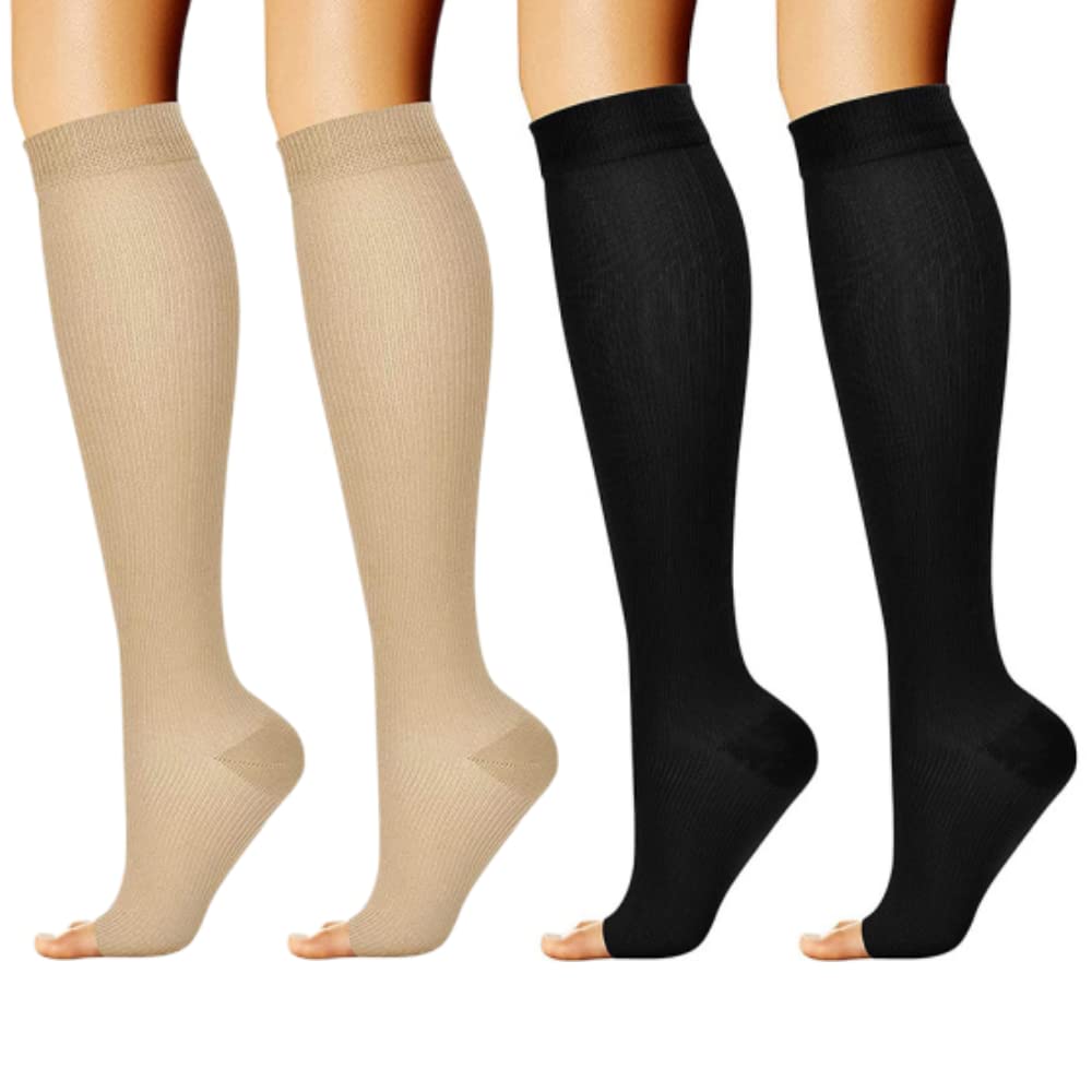 Compression Socks for Women & Men - 2 Pairs Flight Socks, Open Toe Socks, Circulation & Leg Relief - Fit for Swollen Legs Varicose Veins (S/M)