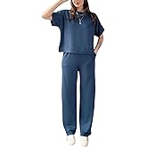 GarRela Women's 2 Piece Outfits Summer Casual Short Sleeve Pullover Tops Wide Leg Pants Sets Jumpsuits
