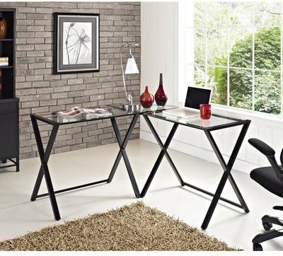Juliana L-Shape Computer Desk Made w/ Glass and Metal in Black with Clear Top Finish 29'' H x 51'' W x 20'' D in.