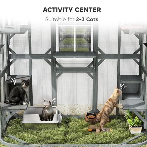 PawHut Catio Outdoor Cat Enclosure, 71" H Wooden Cat House with 5 Jumping Platforms, 2 Condos and Waterproof Cover, Walk-in Kitty Cage for 2–3 Kittens, Grey