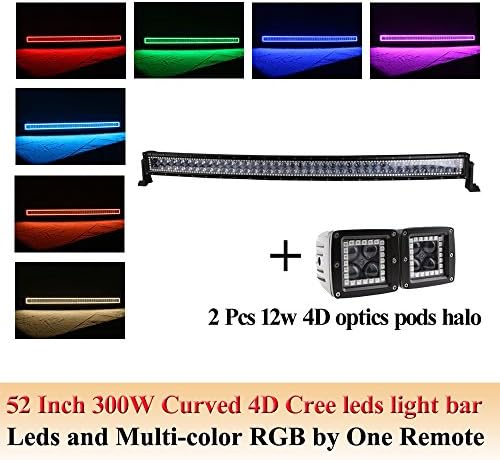 NKLighting 4D Curved 300w 52 inch led work light bar offroad Cree chip with RGB halo ring 30000 Lumen+1 Pair 4D Cree Pods halo Jeep Camper Wagon ATV SUV 4WD 4x4 Pickup+Free Swicth wireharness