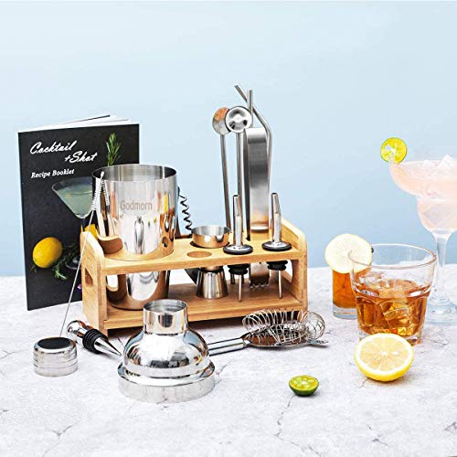 Cocktail Set, Godmorn Edelstahl Shaker Set, 15 Teiliges Barkeeper Set mit bessere Bambus Ständer, Rezeptbuch, Messbecher und Bar Löffel, 550 ml Geschenk Set für Zuhause oder die Bar – Bild 7