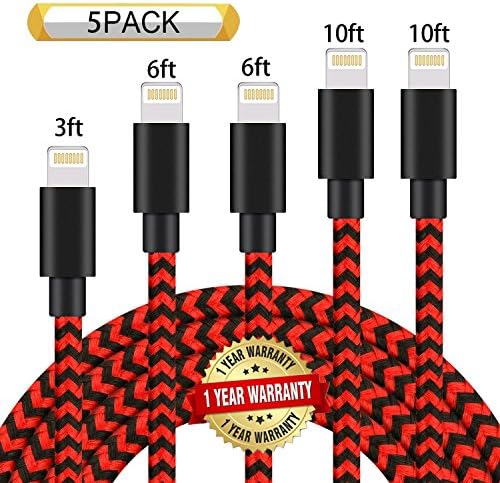 Ulimag Lightning Cable 5Pack 3FT 6FT 6FT 10FT 10FT Nylon Braided Certified iPhone Cable USB Cord Charging Charger for iPhone X, 8, 8 Plus, 7, 7 Plus, 6s, 6s Plus, 6, 6 Plus, SE, iPad (Black Red)