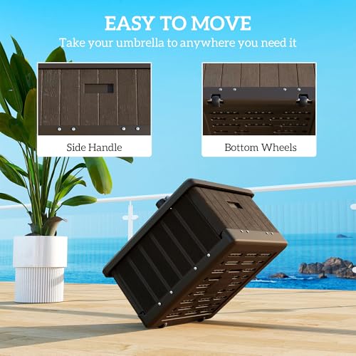 Outsunny 3-in-1 Outdoor Umbrella Base, Coffee End Table, Flower Box Planter with Drain Hole, Square Plastic 176lb Sand Fillable Patio Umbrella Stand Table w/Wheels, Handles, Brown