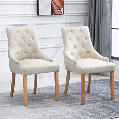HomeSailing Contemporary Set of 2 Beige Wood Dining Chair with Armrest Pair Kitchen Armchairs High Back Fabric… 51Q56DKviCL