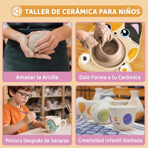 Pottery Lathe for Kids, Complete Ceramic Lathe Set for Beginners, Creative Craft Kit 6+ Years with 3 x Air Drying Clay, Pottery Kit, Gift for Boys and Girls (Cat Motif)