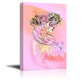 Canvas Print Wall Art - Sugar Skull Girl in Decorative Flower Wreath - Gallery Wrap Modern Home Art | Ready to Hang - 12x18 inches