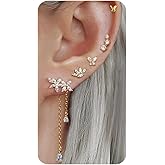 Gold Stud Earring Sets for Multiple Piercing Dainty Flower Leaf Butterfly CZ Dangle Earrings Stack Cartilage Huggie Hoops Earrings for Women