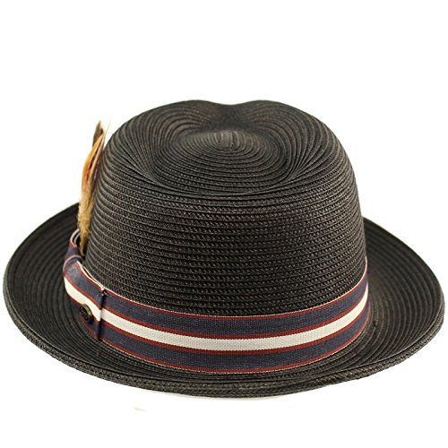 Men's Stripe Band Removable Feather Derby Fedora Curled Brim Hat L/XL