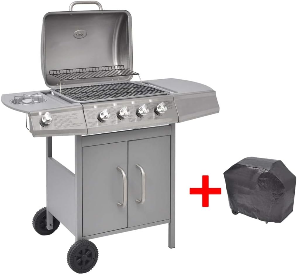 mewmewcat BBQ Gasgrill Barbecue-Grill Grillwagen Gas-Grill 4 Brenner +1 Seitenbrenner Silbern 104 x 55,4 x 97,7 cm