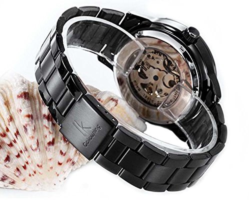 GuTe IK Casual Mens Black Steel Skeleton Automatic Mechanical Wristwatch Golden Dial Tachymeter