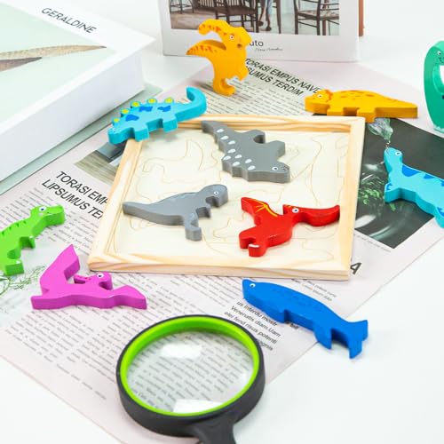 LovesTown 12PCS Stacking Dinosaur Puzzles, Preschool Wooden Dinosaur Toys Chunky Jigsaw Puzzles for Birthday Gift Kids Age 2 3 4 5