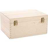 Frcctre Extral Large Unfinished Wooden Box, 13 x 10 x 6.5 inch Natural Unfinished Pine Wood Box with Hinged Lid and Front Cla