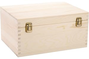 Frcctre Extral Large Unfinished Wooden Box, 13 x 10 x 6.5 inch Natural Unfinished Pine Wood Box with Hinged Lid and Front Cla