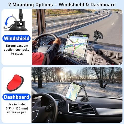 TeQable Heavy Duty Window and Dashboard Tablet Mount for Truck Car, Anti-Shake Metal Joint iPad Dash Holder, No Sticky Gel Suction Cup Stand for iPad Pro 12.9 Air Mini, Commercial Van Vehicle