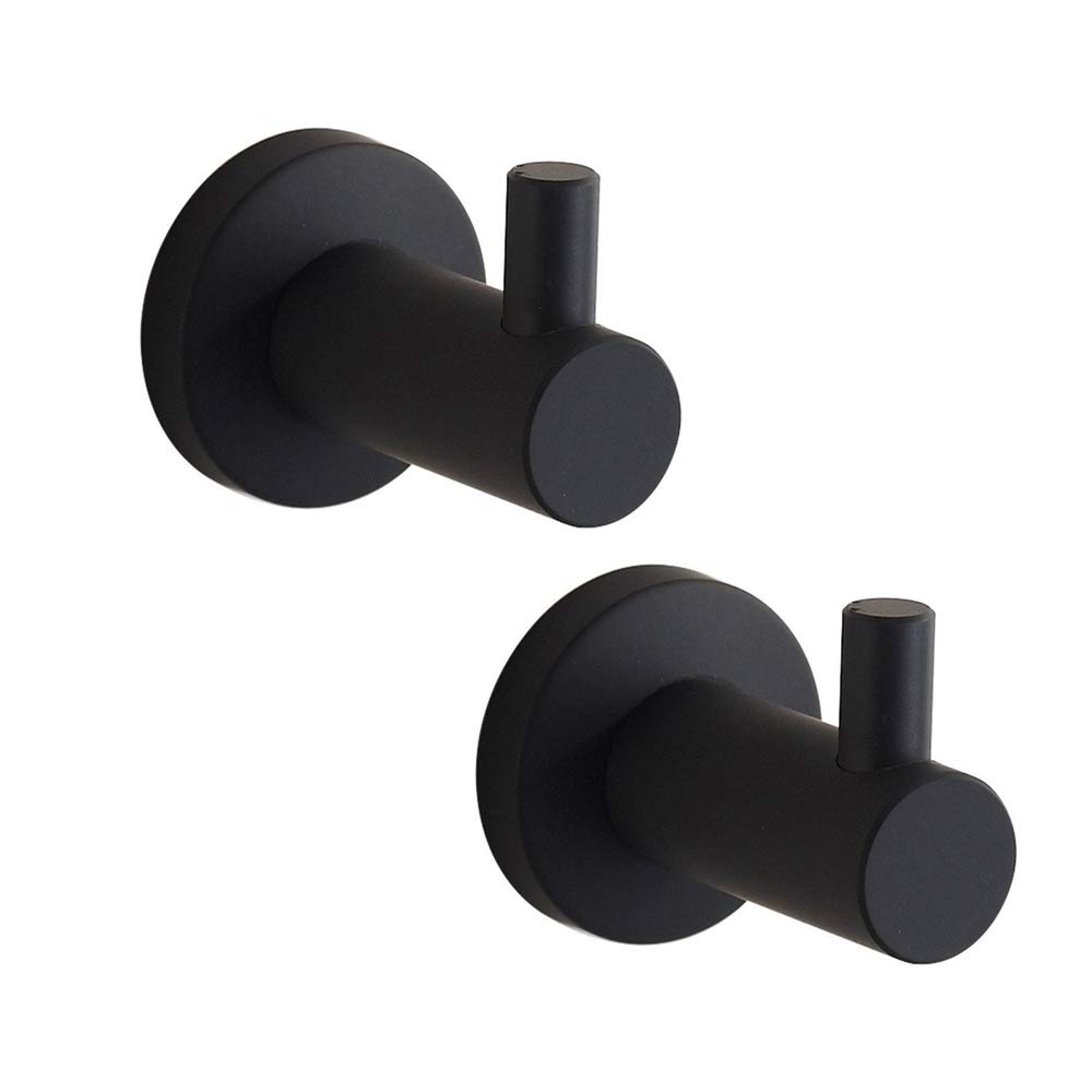 WOMAO Coat Hooks Black Matte, Bath Towel Hook for Hanging Round SUS 304 Stainless Steel Bathroom Kitchen Toilet Clothes Hooks 2 Packs Wall Mounted