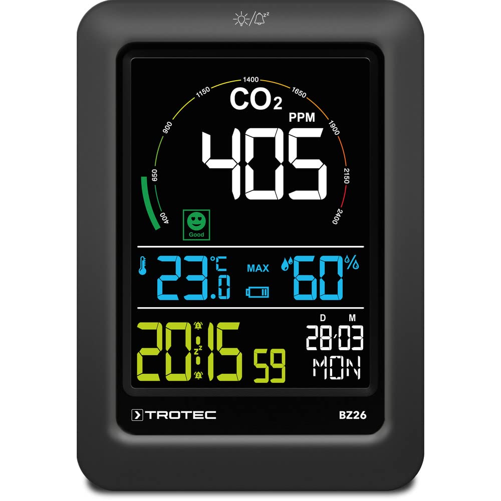 TROTEC CO2 Messgerät BZ26 – Luftqualitätsmonitor – Messbereich 400 bis 5000 PPM, Lufttemperatur, Relative Luftfeuchte, Wohlfühlindikator-Anzeige