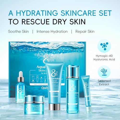QUIYUM AquaVitalize 8X H2O Complete Face Skincare Kit, Women's Beauty Routine Gift Set, 5 Pieces with Cleanser, Tonic, Eye Cream, Serum, Moisturizing Face Cream