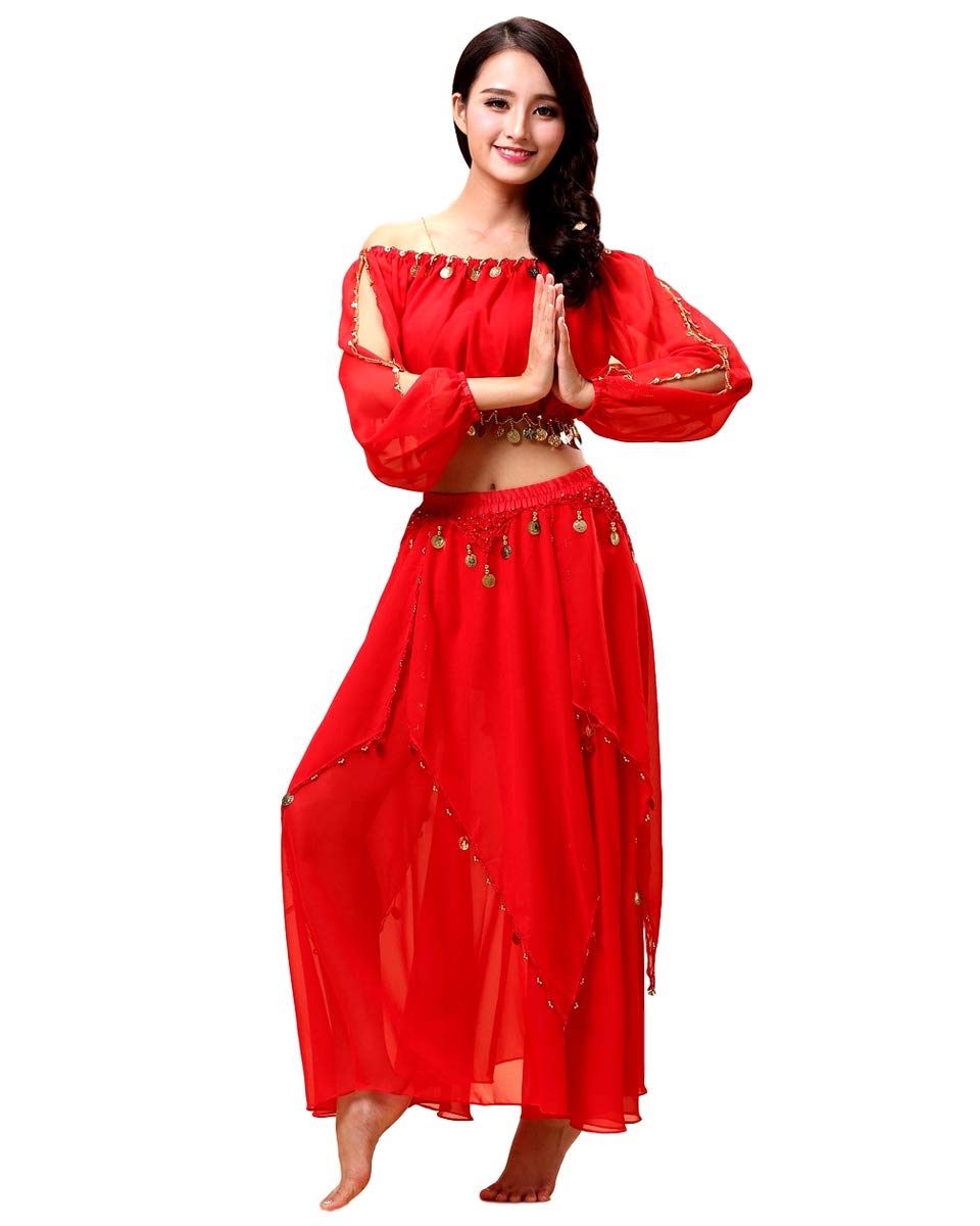 Grouptap Women's Arabian Belly Dancer Long Sleeve Costume, Red (150-170 cm)