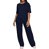 HBQ Women's 2 Piece Outfits Loose Fit Tops Wide Leg Pants Short Sleeve Lounge Matching Sets Sweatsuits