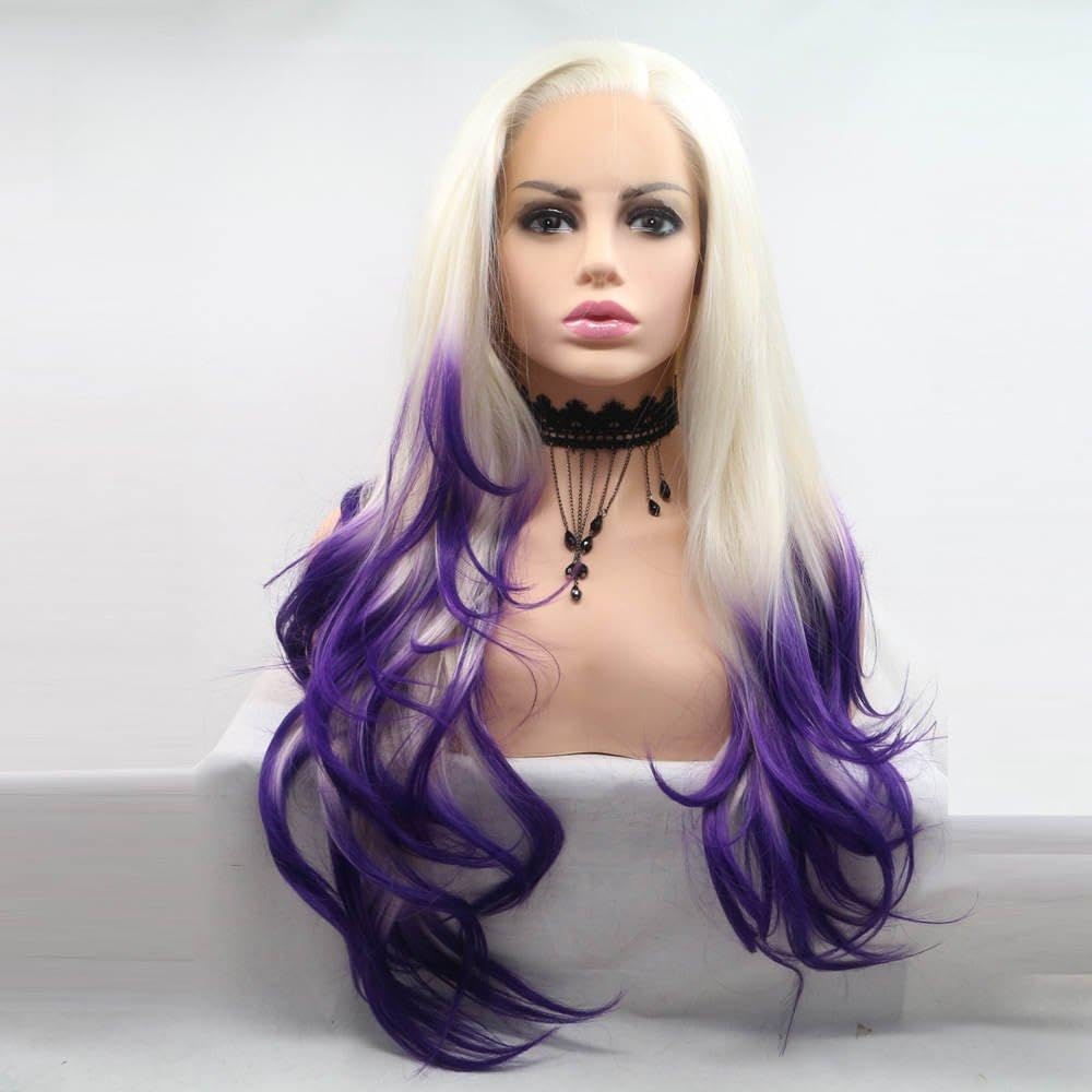 Xiweiya Ombre BLonde to Purple Long Wavy Wig Synthetic Lace Front Wigs Wavy Side Part Soft Heat Resistant Fiber Hair Replacement for Women 24 Inch — image 1