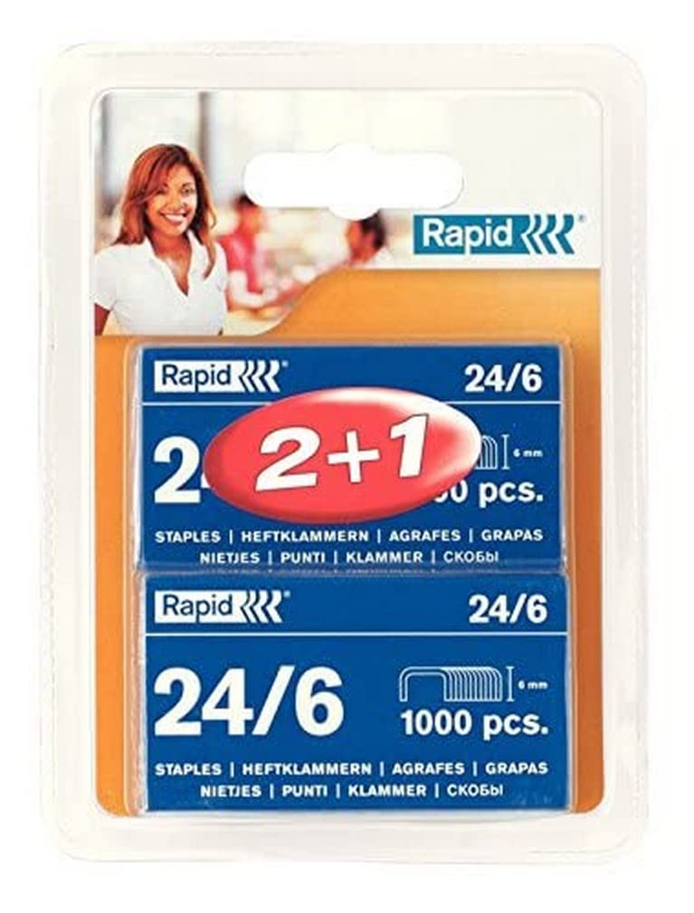 Rapid 24/6mm Standard Staples, For Stapling up to 20 Sheets, Use with Desktop and Electric Staplers, Galvanised Wire, 3 x Boxes of 1000 Staples, 20710621