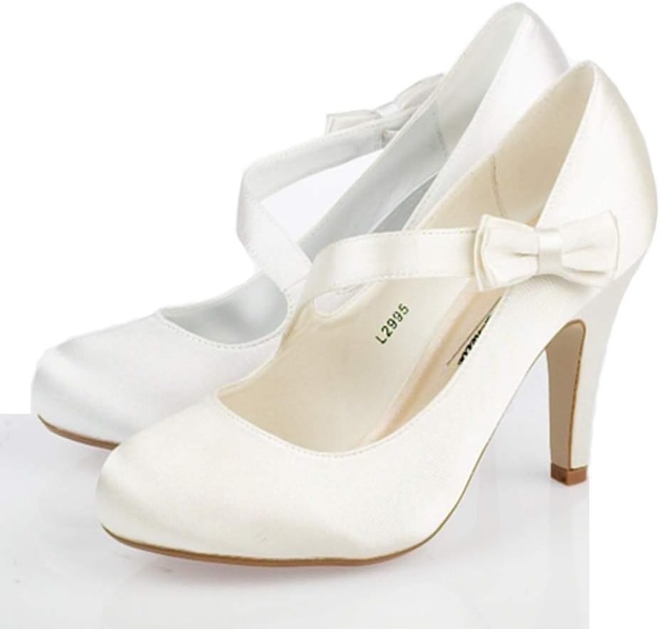 LADIES WEDDING SHOES WOMENS HIGH HEELS FANCY SATIN BRIDAL WHITE IVORY COURT SHOES SIZE 3 - 8 (LADIES UK SIZE 8, Ivory satin)