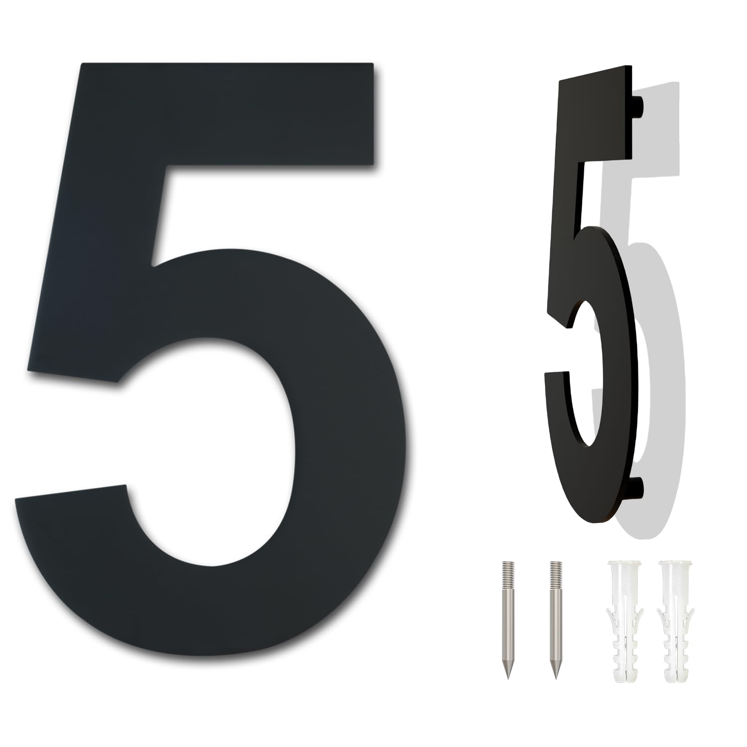 Black Brushed Modern House Number -125mm Height - Made of Solid 304 Stainless Steel, Floating Appearance and Easy to Install (Number 5 Five)