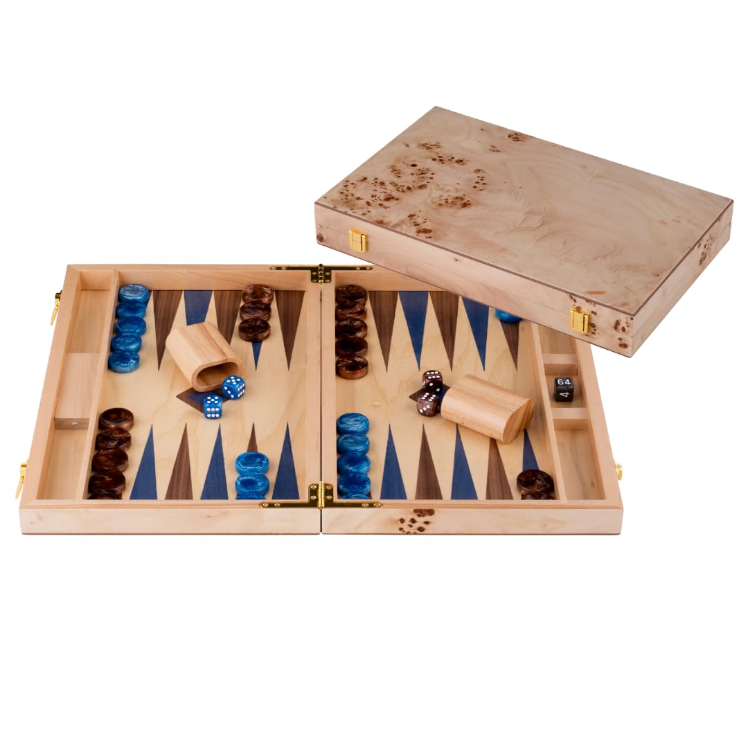 Engelhart-250552 – Backgammon Wooden 15 Inch (38 cm) Luxury Burl Wood Case Walnut Inlay – Open 48 × 38 cm – Blue/Brown Pieces – Dice & Cups – Classic Board Game