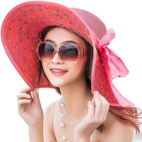 ItopfoxWomens Foldable Floppy Big Bowknot Straw Sun Hat Wide Brim Summer Beach Vacation UV UPF 50