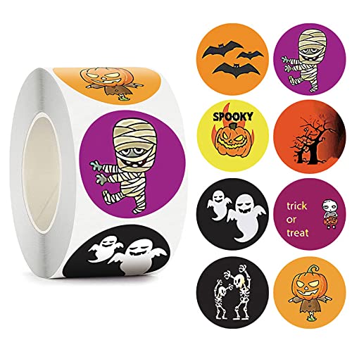 Makenlug 500pcs Halloween Stickers, 1 Inch Halloween Stickers Roll 8 Patterns Pumpkin Bat Spider Ghost Stickers Halloween Stickers for Kids Halloween Party Decoration Sealing Stickers