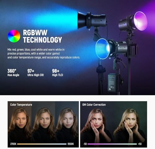 NEEWER MS60C RGBWW LED Video Light with 2.4G/APP Control, 65W Metal Mini RGB COB Continuous Output Lighting Bowens Mount Handheld Spotlight 2700K-6500K,8300lux/1m, CRI 97+/TLCI 98+,17 Effects + RGBCW