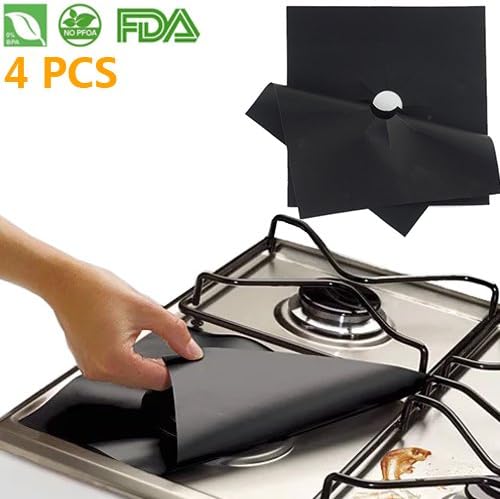 Reusable Gas Stove Burner Covers - 4 PCS Non-stick Cuttable Protectors Clean Liners for Gas Range Stovetop Burners Protectors in Different Sizes 0.01" Thin (Black)
