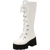 Parisuit Women's Knee High Goth Platform Buckle Boots Chunky High Heel Lace Up Punk Combat Boots with Chain