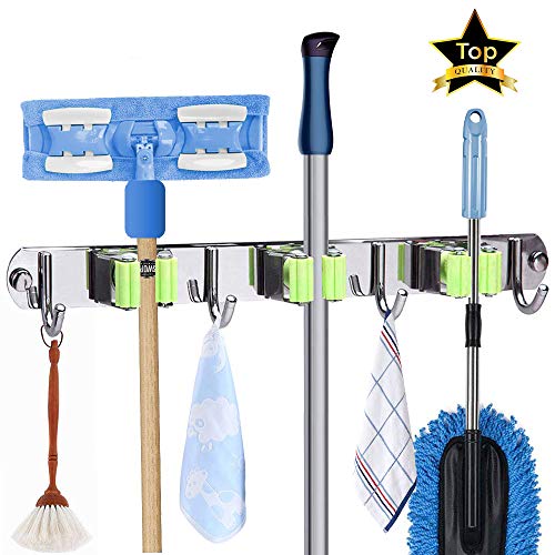 Mop and Broom Holder, Wall Mount Metal Stainless Steel Garden Broom Mop holder organizer, Screws or Self Adhesive Utility Broom Holder with 3 Racks 4 Hooks for Bathroom Garage Kitchen and Garden