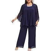 Plus Size Mother of Bride Pant Suits 3 Piece Chiffon Sets Hand Sewn Diamonds Wedding Guest Outfit